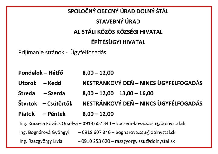 Informácie o stránkových hodinách spoločného stavebného úradu